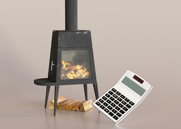 Cheminée avec bois de chauffage et calculatrice sur fond beige Le chauffage devient plus cher Crise énergétique Prix du bois de chauffage Rendu 3D