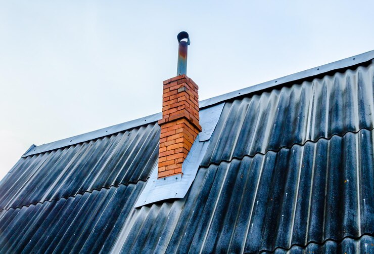 Photo une cheminée en brique sur le toit d'une vieille maison.