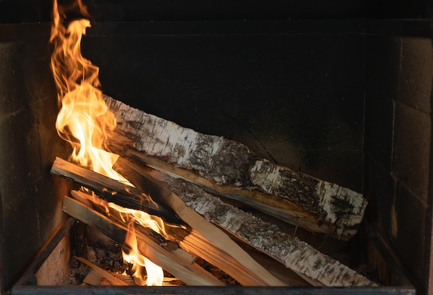 Cheminée brûlante Brûler des bûches de bouleau dans la cheminée Chaleur par temps froid