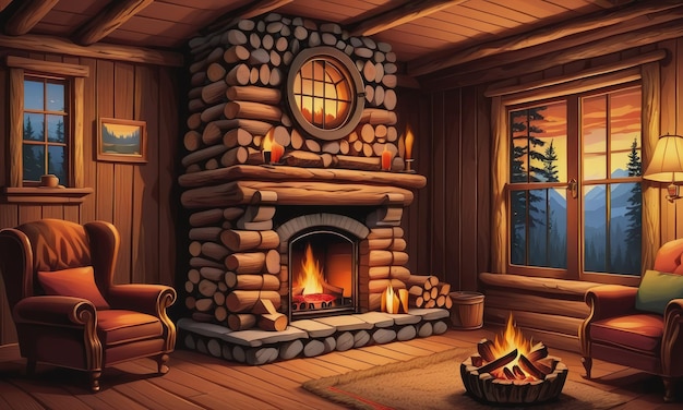 une cheminée avec des bûches et des bûchers autour d'elle dans une cabane