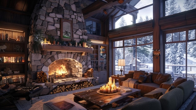 une cheminée avec une cheminée et une grande fenêtre qui dit " cabane en rondins "