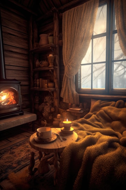 Une cheminée confortable avec une couverture chaude et une tasse de thé créée avec de l'AI générative