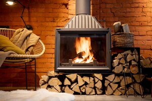 Cheminée confortable avec du bois de chauffage dans l'intérieur de la maison de style loft avec fond de mur de briques, feu brûlant dans la cheminée, confort de la maison en hiver