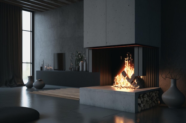 Une cheminée dans un salon moderne avec une cheminée et une cheminée avec un feu au milieu.