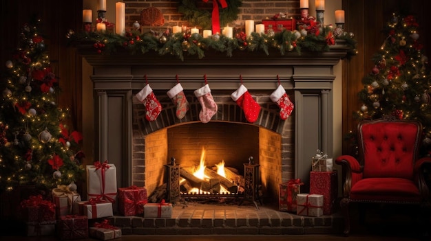 une cheminée avec des décorations de Noël et des bougies