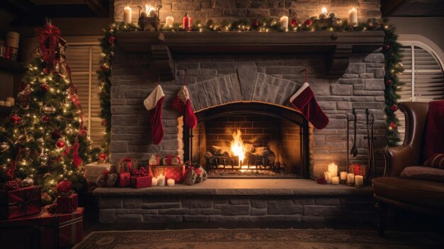 une cheminée avec des décorations de Noël et des bougies