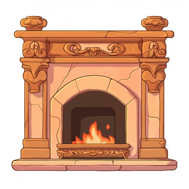 cheminée de dessin animé avec un feu dedans et un manteau décoratif génératif ai