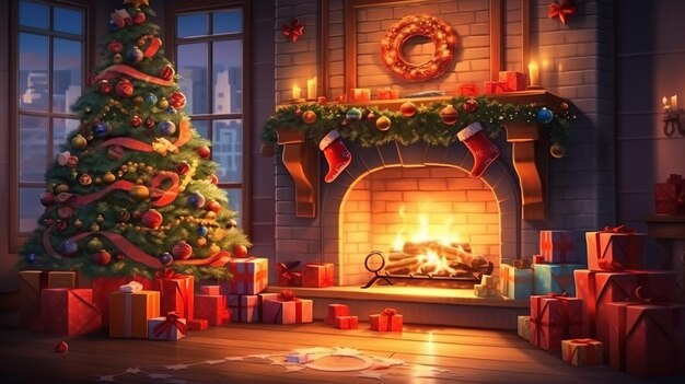 La cheminée est décorée pour Noël.