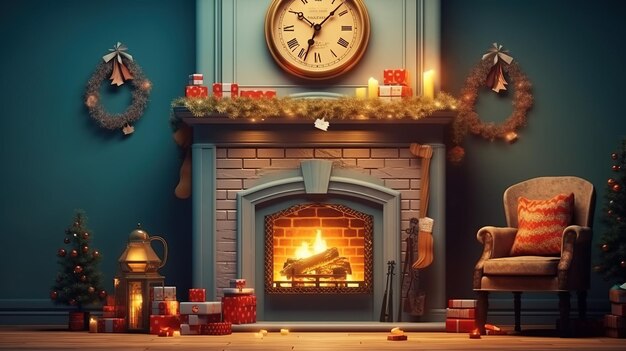 La cheminée est décorée pour Noël.