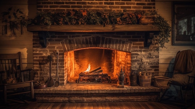 Une cheminée avec un feu brûlant dedans