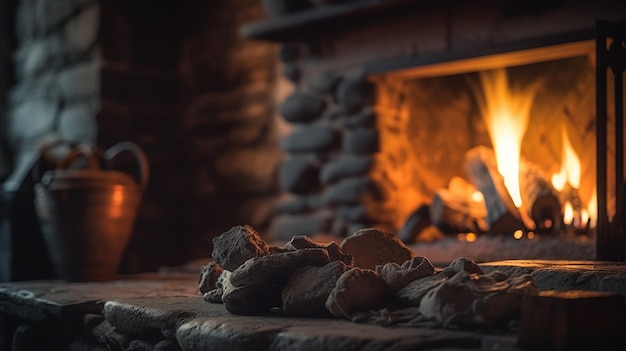 Une cheminée avec un foyer en pierre et un feu en arrière-plan.