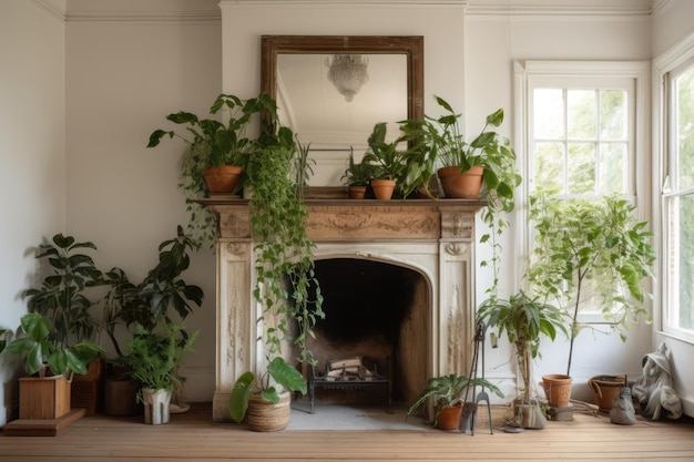 cheminée avec miroir et plantes dans un salon moderne créé à l'aide de la technologie de l'IA générative