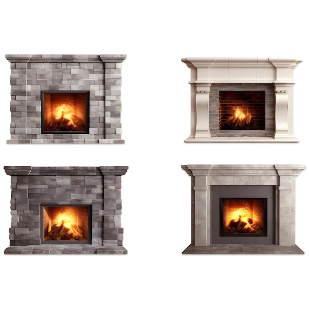 Photo cheminée moderne de style classique et de pierre beau feu allumé sur un fond blanc