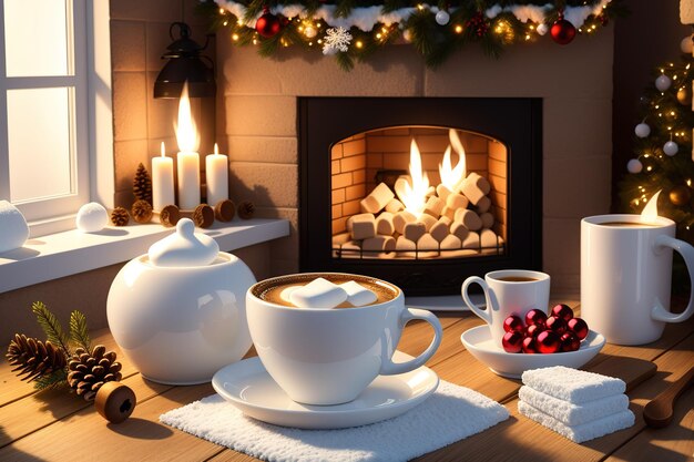 Une cheminée de noël avec une tasse de café et une tasse de café.