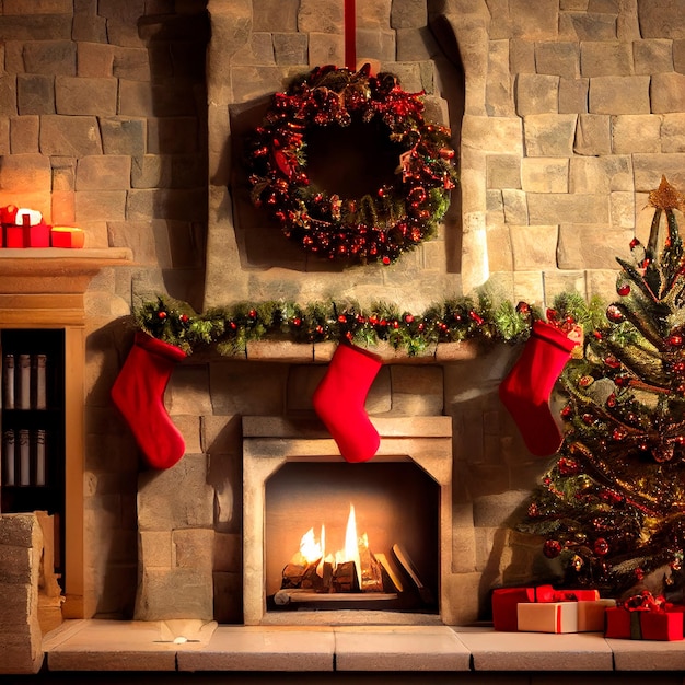 Cheminée en pierre décorée pour Noël