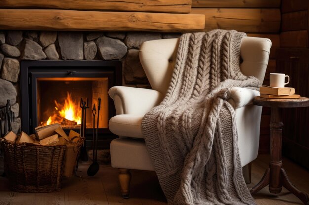 Photo cheminée rustique avec tricot jeté sur une chaise