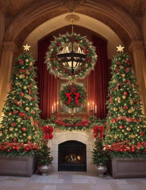 Cheminée sur le thème de Noël avec des arbres