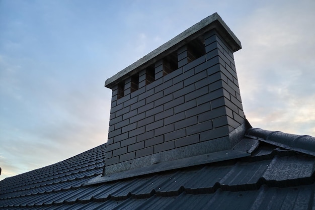 Cheminée sur le toit de la maison couverte de bardeaux métalliques en construction Revêtement de tuiles du bâtiment Développement immobilier