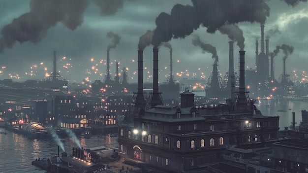 Des cheminées émettent des émissions au-dessus d'une zone industrielle animée au crépuscule.