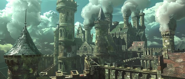 Les cheminées mystiques La fusion enchanteuse de la technologie et de la sorcellerie dans une forteresse fantastique
