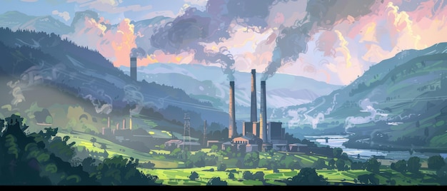 Les cheminées et la sérénité Une peinture romantique de l'industrie dans la nature