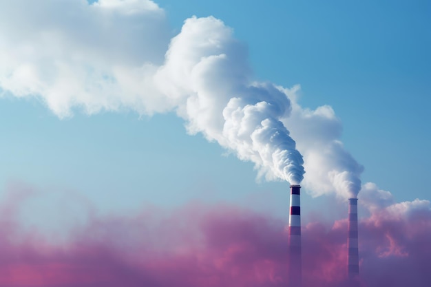 Des cheminées d'usine avec un ciel bleu et des nuages blancs concept de pollution environnementale