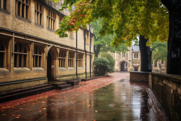 Des chemins trempés par la pluie menant à l'illumination Explorant un campus universitaire au milieu de pavés mouillés