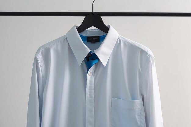 Photo une chemise blanche avec un collier bleu est accrochée à un cintre dans une pièce.