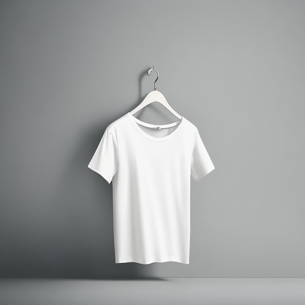 Une chemise blanche est accrochée à un cintre devant un mur gris.