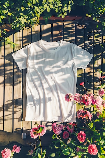 Photo une chemise blanche est posée sur une clôture en bois à côté d'un buisson plein de fleurs roses