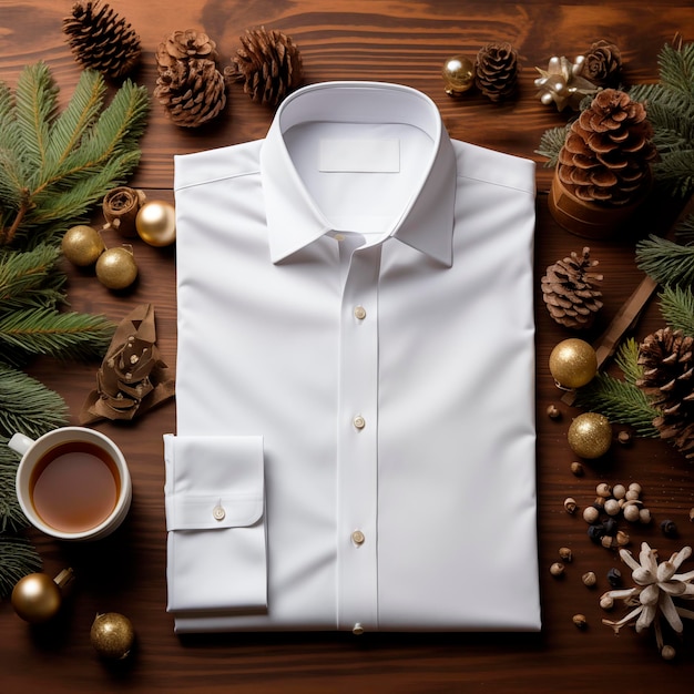 Photo chemise blanche avec un fond décoré de noël réalisée avec ai