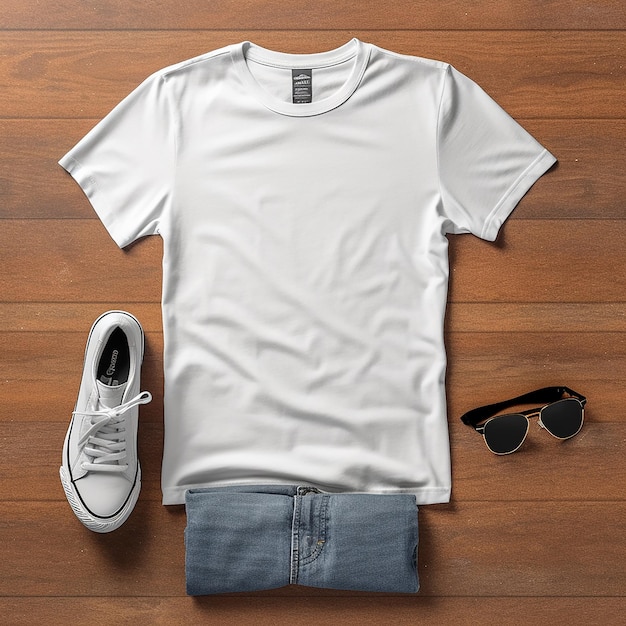 une chemise blanche avec une paire de lunettes de soleil et une paire de lentilles de soleil sur un sol en bois.