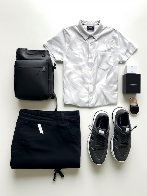 une chemise blanche avec un sac noir dessus est assise à côté d'un sac noir.