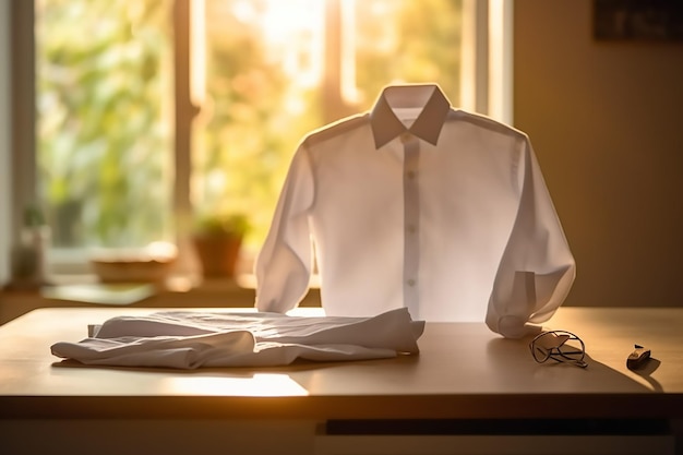 La chemise blanche se repose sur un bureau devant une fenêtre