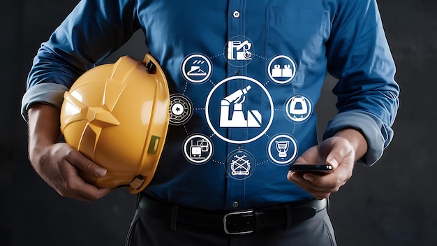 une chemise bleue tenant un casque de construction jaune