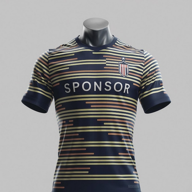 une chemise à rayures bleues et jaunes avec le mot sport dessus