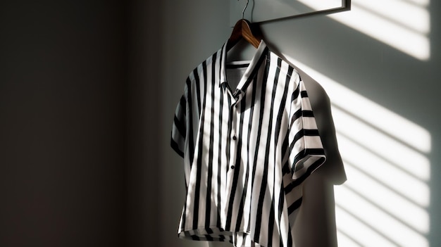 Chemise à rayures noires et blanches accrochée à un cintre à côté de la fenêtre Generative AI