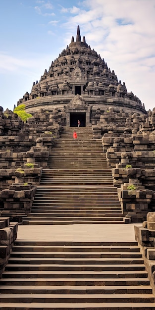 une chemise rouge se tient devant un temple.