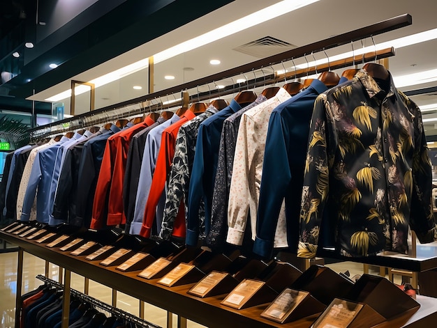 Des chemises colorées accrochées à un porte-vêtements dans un centre commercial
