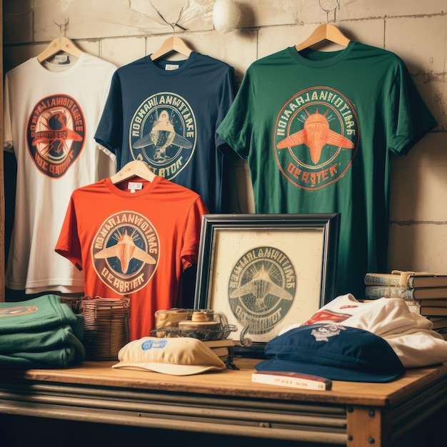 Photo chemises avec logo de sport vintage avec affichage sur fond de studio en bois ai generative
