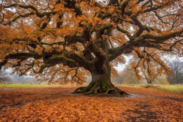 Chêne avec des feuilles d'automne sur un sol créé avec une IA générative