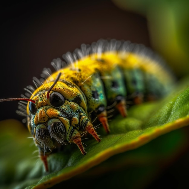 Une chenille aux rayures vertes et jaunes est assise sur une feuille verte.