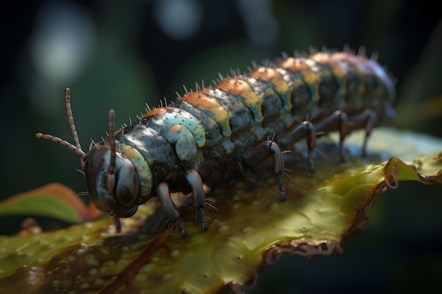 Une chenille sur une feuille avec le mot "bug" dessus.