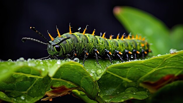 La chenille sur la feuille verte