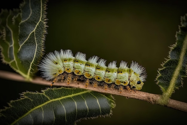 La chenille de papillon blanc du chou suspendue à une branche