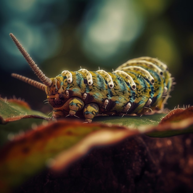 Une chenille verte et bleue est assise sur une feuille.