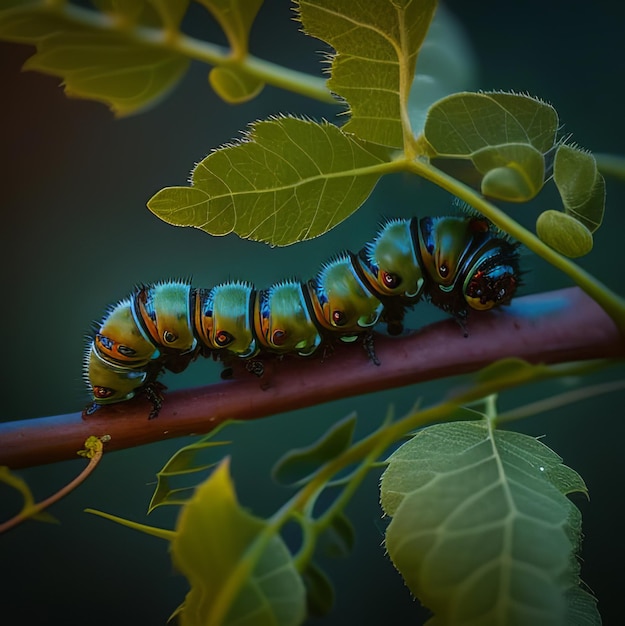 Une chenille verte est sur une branche avec des feuilles vertes.