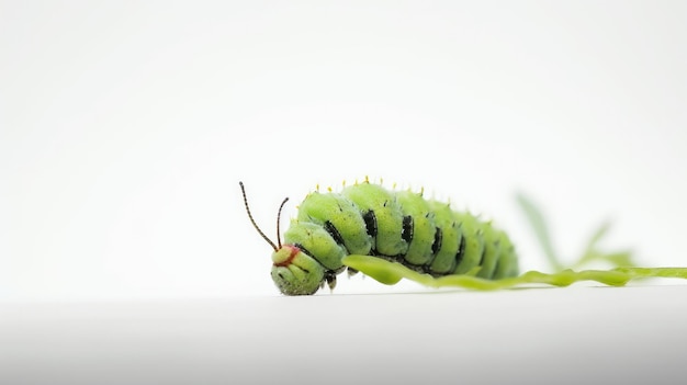 Une chenille verte marche sur une surface blanche.