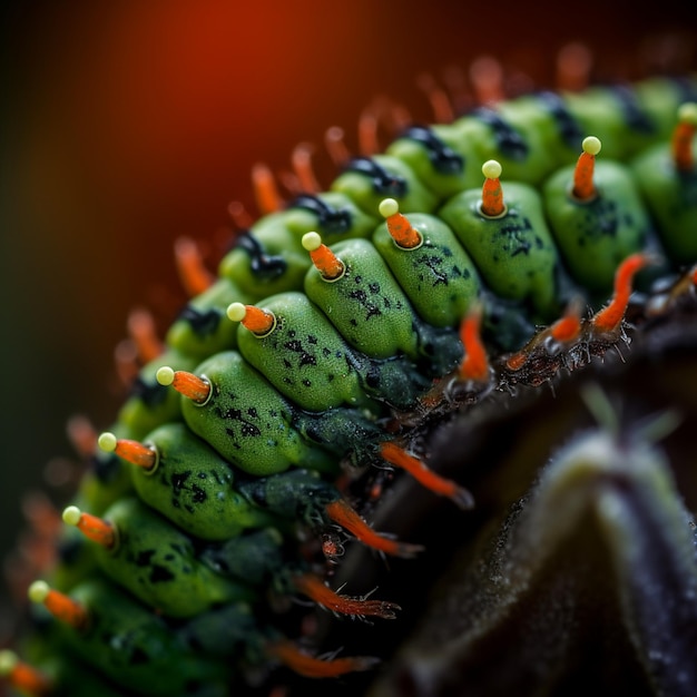 Une chenille verte avec des points jaunes et noirs se trouve sur une plante.