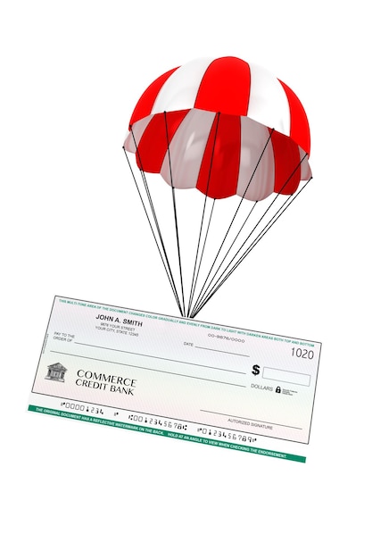 Chèque bancaire avec parachute sur fond blanc